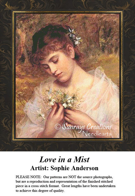 A young woman holds a bouquet of wildflowers while contemplating, translated into a counted cross stitch design by Sophie Anderson.