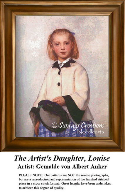A young girl dressed in a blue plaid dress and tan overcoat poses for a portrait, yours to stitch as a counted cross stitch chart.
