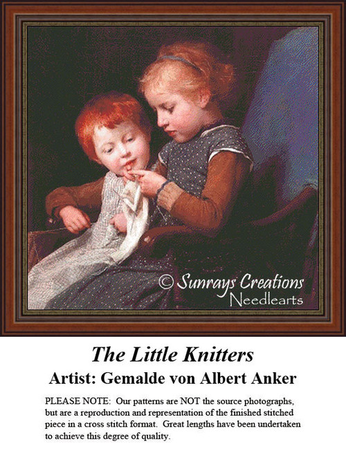 Two young children are seated together, with the older girl knitting while the younger boy watches closely, transformed into a counted cross stitch.