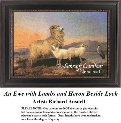 A ewe stands protectively with her two lambs by a loch, while a heron watches from a distance, designed as a counted cross stitch pattern, perfect.