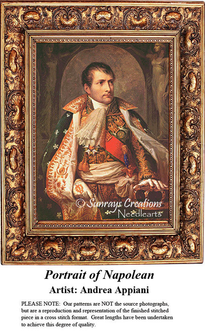 A regal figure dressed in ornate military attire stands proudly, frozen in time as a counted cross stitch pattern.