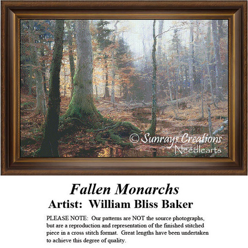 A serene forest scene with tall trees and soft light filtering through them, rendered as a PDF pattern from a painting by William Bliss Baker.