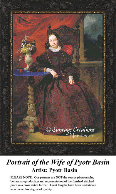 A portrait of a woman in a burgundy dress seated in an ornate chair, framed by a ruby red curtain, designed as a PDF chart by artist Pyotr Basin.