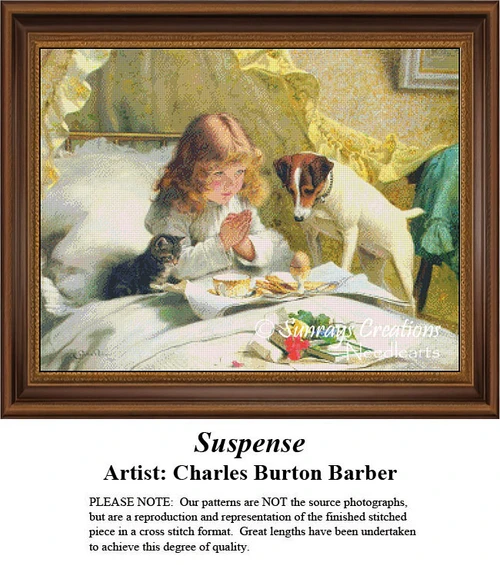 A little girl prays with her hands clasped, a kitten and a dog nearby, framed as a counted cross stitch chart by Charles Burton Barber.