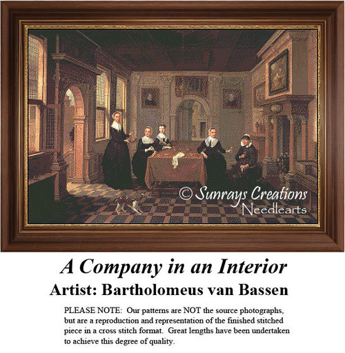 A group of elegantly dressed individuals gathers in a grand room with ornate dcor and checkered flooring, captured as a counted cross stitch pattern.