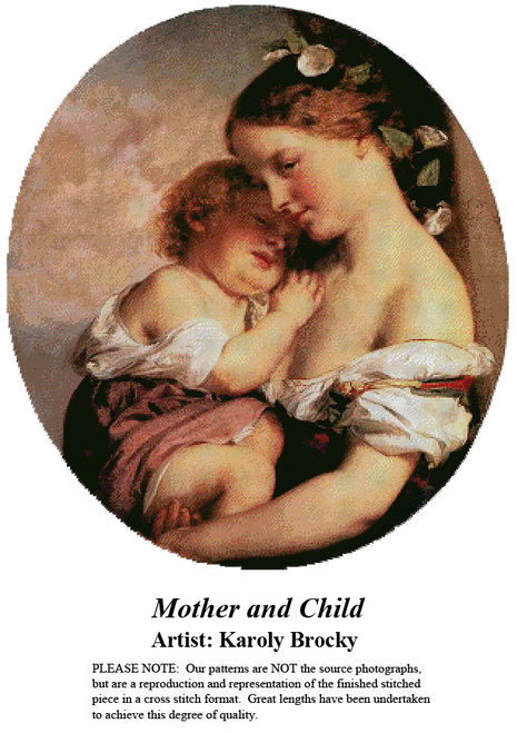 A mother holds her child closely, adorned with white morning glories in her hair, rendered in a counted cross stitch kit by Karoly Brocky.