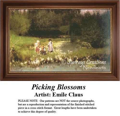 Three young girls pick white blossoms near a pond, transformed into a counted cross stitch pattern by artist Emile Claus.