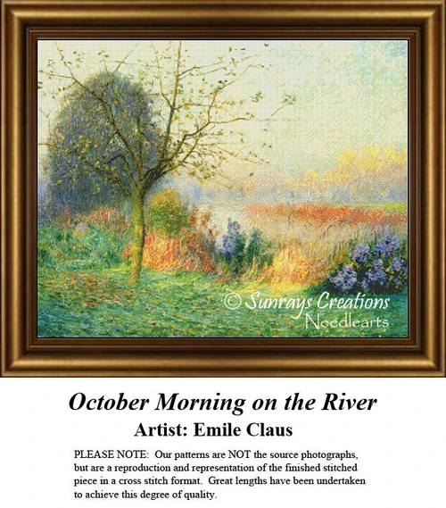 A tranquil river scene with autumn colors and a tree losing its leaves, captured as a counted cross stitch pattern by Emile Claus.