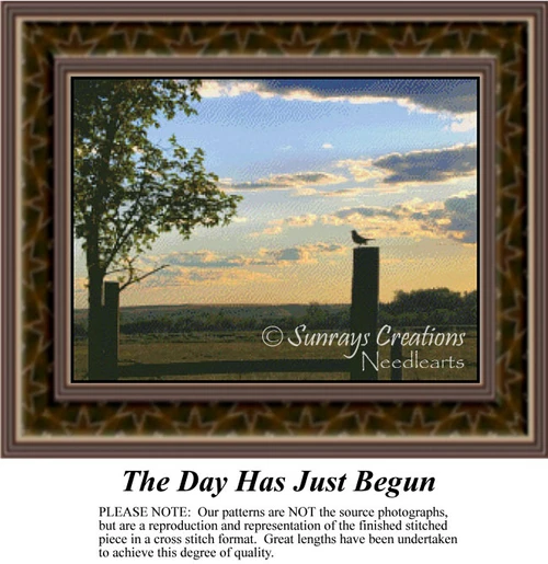 A lone bird perches atop a post as dawn breaks over a peaceful landscape, ideal for your next cross stitch project.