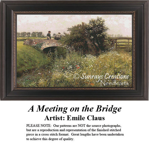 A young couple converses on a quaint bridge overgrown with wildflowers, framed as a counted cross stitch chart by Emile Claus.