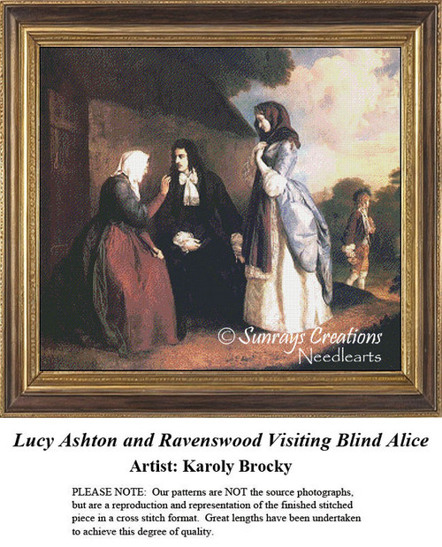 A young couple approaches an elderly blind woman sitting on a stool, reimagined as a counted cross stitch pattern by Karoly Brocky.