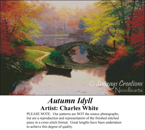 A serene autumn scene with a bridge over a river and a boat near the shore, depicted as a counted cross stitch pattern, waiting as your next cross.