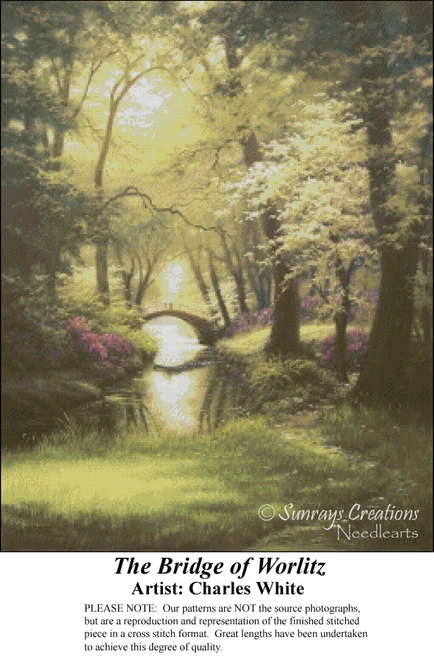 A serene woodland scene with a brook and bridge, transformed into a counted cross stitch pattern by artist Charles White.