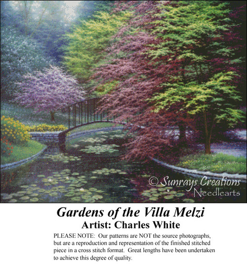 A serene pond with lily pads and a bridge, surrounded by colorful Japanese maples, captured as a counted cross stitch pattern.