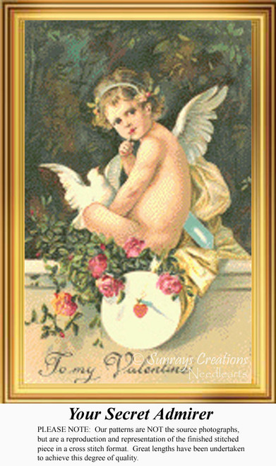 A cherub sits on a garden wall surrounded by flowers and plants, ready for your next cross stitch project.