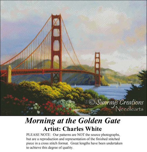 A scene of the Golden Gate Bridge at dawn surrounded by vibrant flowers, created as a counted xstitch kit by Charles White for Sunrays Creations.