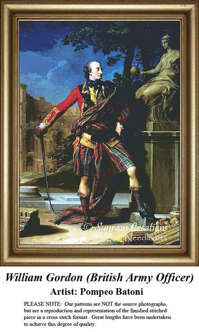 A British army officer in a detailed uniform poses confidently, reimagined as a counted cross stitch pattern inspired by Pompeo Batoni.