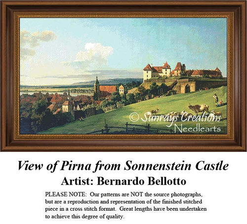 A panoramic view of Pirna and Sonnenstein Castle on a hill, depicted as a counted cross stitch pattern by Bernardo Bellotto.