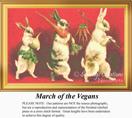 Three bunnies march in a line, each carrying carrots and radishes, reimagined as a counted cross stitch pattern.
