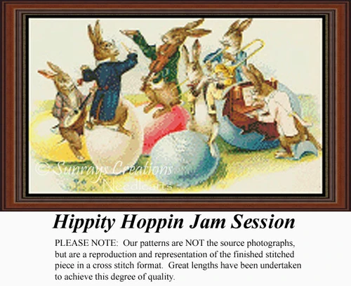 A group of bunnies plays musical instruments atop colorful Easter eggs, designed as a counted cross stitch pattern, waiting as your next cross stitch.