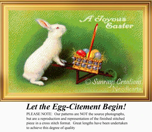 A white bunny stands beside a wheelbarrow filled with colorful Easter eggs, composed as a counted cross stitch pattern.