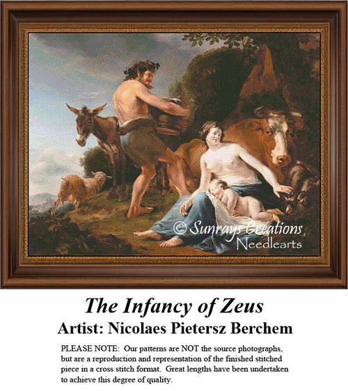 A mother holds the infant Zeus, surrounded by animals, in this counted cross stitch pattern derived from Nicolaes Pietersz Berchem's artwork.