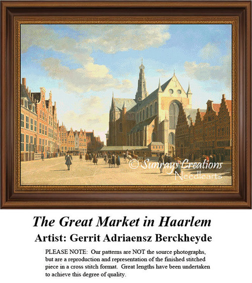 A grand marketplace with historic buildings and people gathered, brought to life as a counted cross stitch pattern by Gerrit Berckheyde.