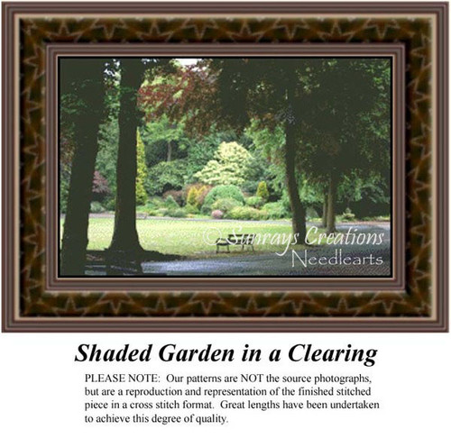 A serene garden scene with towering shade trees in the foreground and a sunlit manicured garden in the background, offered as a printable pattern.