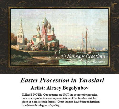 A historic church with onion domes stands by a river, as a congregation participates in an Easter procession yours as a counted cross stitch kit.