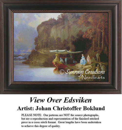 A watercraft exits a cave by a Baltic Sea inlet, where four women and one man await, reimagined as a counted cross stitch pattern.