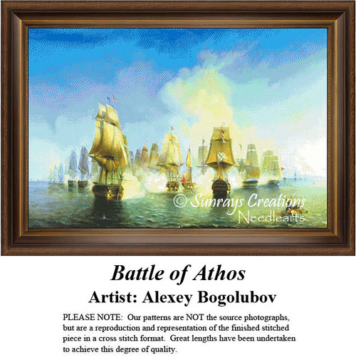 A naval battle scene with several sailing ships amidst smoke and water, designed as an xstitch chart from artist Alexey Bogolubov's work.