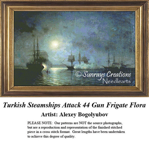 A night battle scene shows Turkish steamships attacking the British frigate Flora, captured as a counted cross stitch pattern.