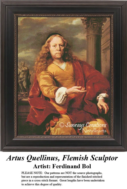 A detailed portrait of Artus Quellinus, Flemish sculptor, set against Greek columns and statues, available as a digital file for cross stitch.