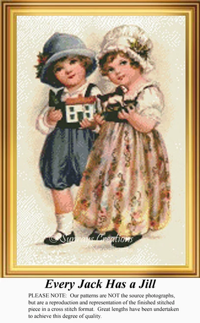 A boy in a blue hat and overalls stands beside a girl in a floral dress holding a house, come to life as a counted cross stitch design.