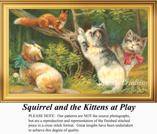 Three playful kittens chase a squirrel among trees, frozen in time as a counted cross stitch pattern.