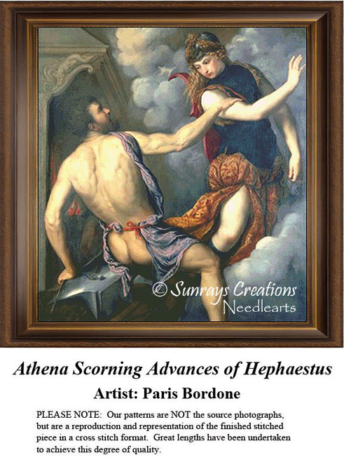 A scene from Greek mythology where Athena rebuffs Hephaestus, designed as a counted cross stitch pattern from the painting by Paris Bordone.