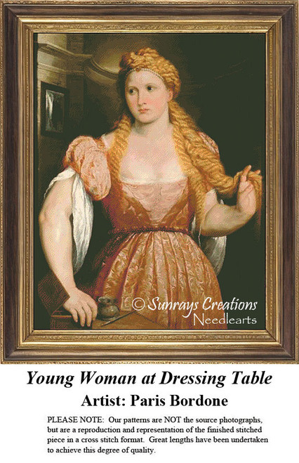 A young woman stands at a dressing table, her golden hair styled in twists, ready for your next cross stitch project!