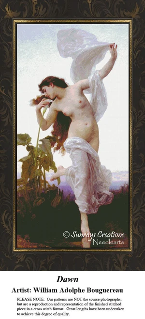 A woman draped in a sheer white wrap leans to smell flowers, designed as a cross stitch kit by William Adolphe Bouguereau for Sunrays Creations.