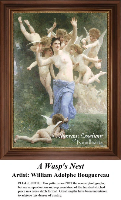 A young woman stands amidst numerous cherubim, designed as a counted cross stitch pattern, waiting as your next cross stitch project.