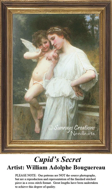 A young woman with flowing hair smiles at a cherubic Cupid in a wooded setting, yours to stitch as a counted cross stitch chart.