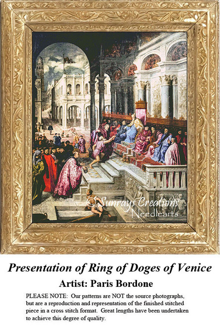 A grand scene of Doge Gradenigo receiving the ring of St. Mark is displayed in a counted cross stitch pattern, waiting as your next cross stitch.