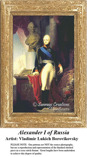 A regal man in a naval uniform holds a red drape, composed as a counted cross stitch pattern from a portrait by Vladimir Lukich Borovikovsky.