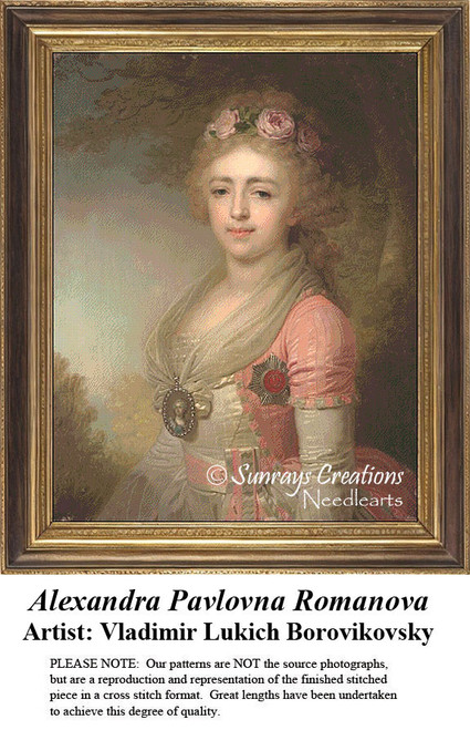 A woman with light hair adorned with roses gazes softly, preserved as a counted cross stitch pattern by Vladimir Lukich Borovikovsky.