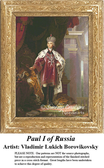 A full-length portrait of Paul I of Russia in royal regalia, waiting as your next cross stitch project from artist Vladimir Lukich Borovikovsky.