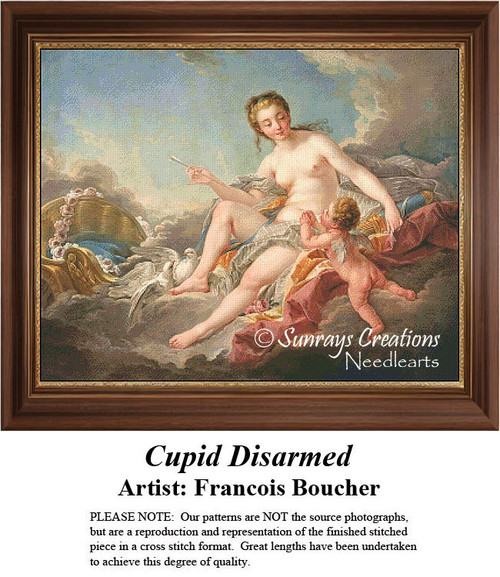 Venus sits gracefully, holding Cupid's arrows out of reach in this xstitch design derived from Francois Boucher's 18th-century artwork.