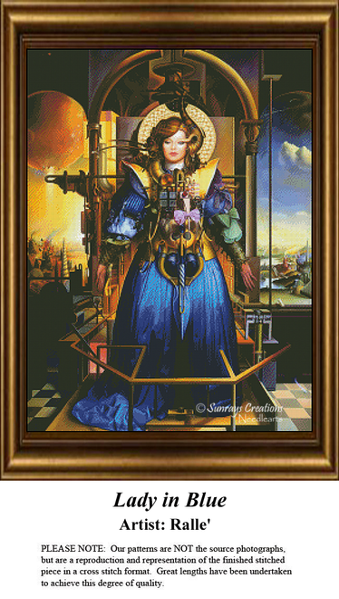 A woman in blue attire stands proudly against a colorful background, transformed into a counted cross stitch pattern.