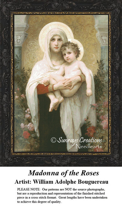 The Virgin Mary holds her son Jesus amidst roses in a garden, reimagined as a counted cross stitch pattern by artist William Adolphe Bouguereau.