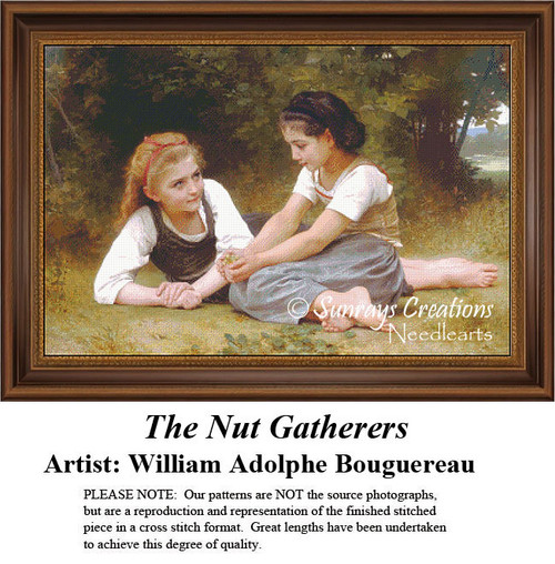Two girls rest in a forest while gathering hazelnuts, framed as a counted cross stitch chart by artist William Adolphe Bouguereau.