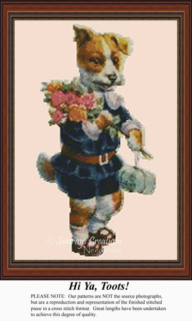 A dapper dog dressed in a blue outfit holds a bouquet of flowers and a gift, framed as a counted cross stitch chart.