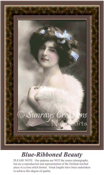 A woman with thick brown hair adorned with blue ribbons smiles softly while wearing a white fur stole, yours to stitch as a counted cross stitch.